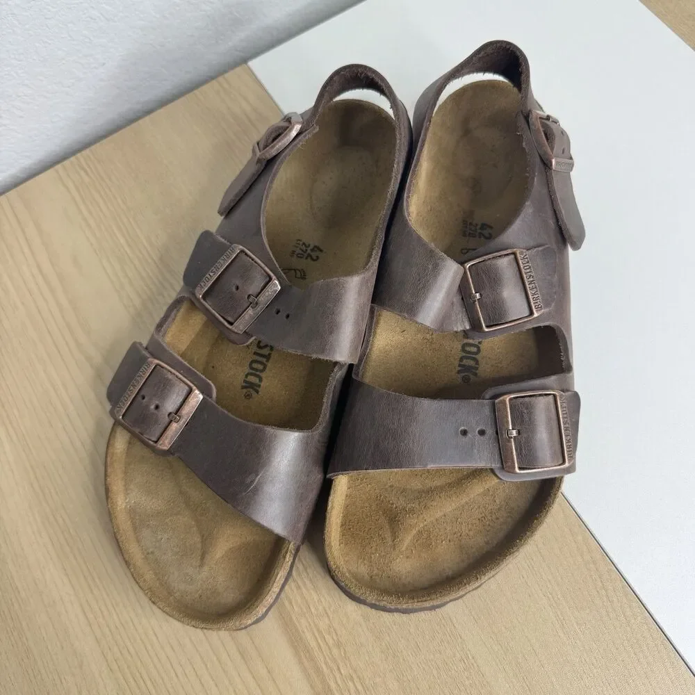 Birkenstock MILANO Men’s (42/9) Classic Sandals Brown Oiled Leather Buckles